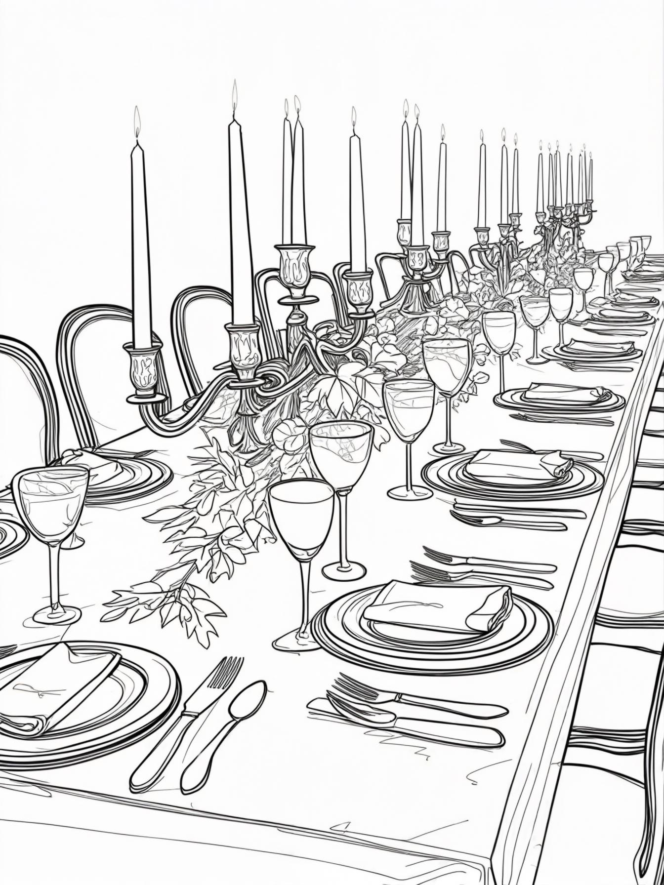 The Family Table: A long dining table set for a feast. The focus is on the place settings, folded napkins, and a simple centerpiece of candles and leaves (no people, just the welcoming table).