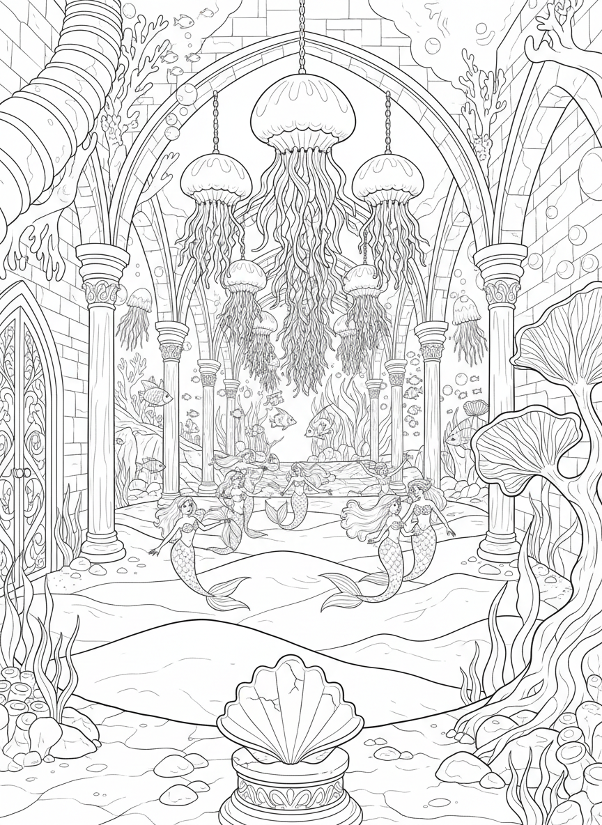An elaborate underwater ballroom inside a castle with chandeliers made of glowing jellyfish and mermaids dancing together
