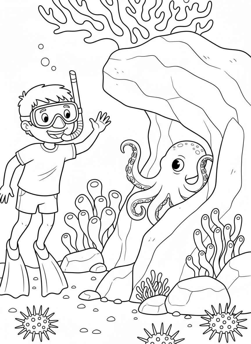A child snorkeler waving hello to an octopus hiding in rocks, with sea anemones and urchins decorating the scene