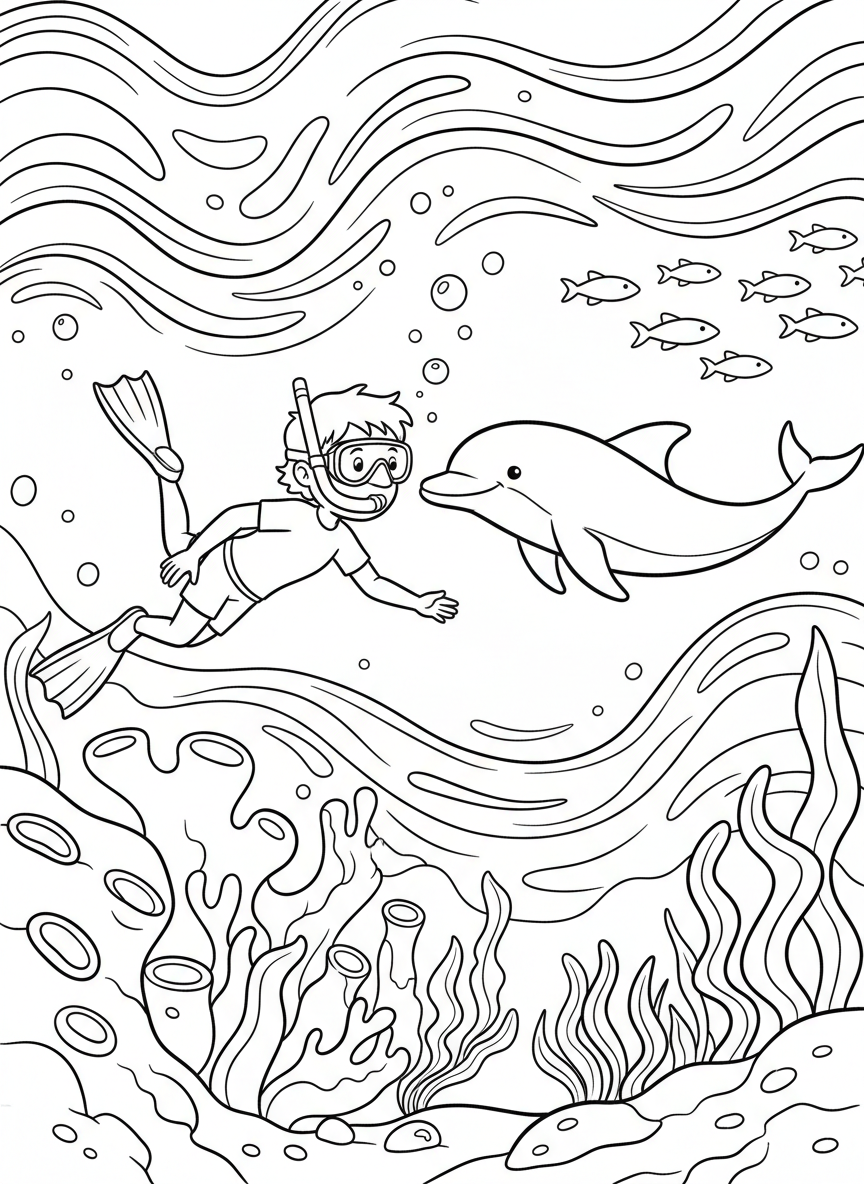 Underwater scene with a child snorkeler observing a playful dolphin, both facing each other in a friendly encounter