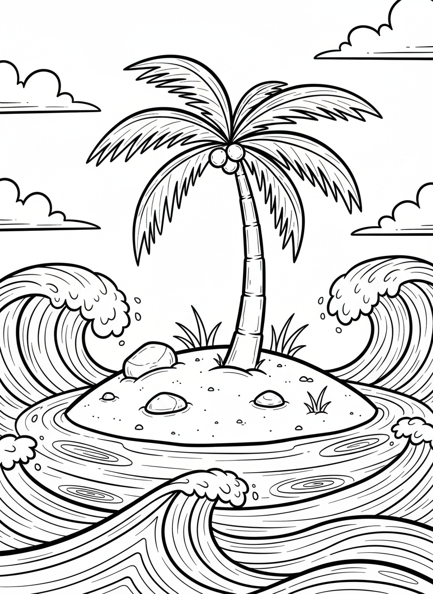 A small island with a single palm tree in the middle of the ocean, surrounded by gentle waves and a few clouds above.
