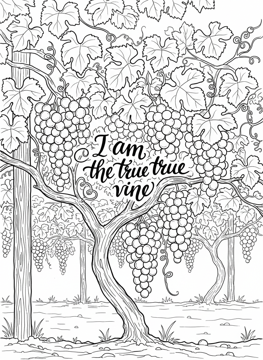 A grapevine with clusters of grapes and curling tendrils, with 'I am the true vine' written in elegant calligraphy.