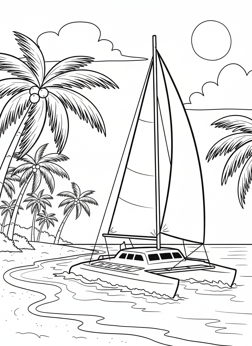 A catamaran with two hulls and a large sail, gliding across tropical waters with a beach and coconut trees visible.