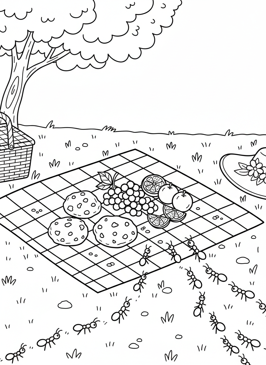 A simple scene of ants marching toward a picnic blanket with cookies and fruit, showing nature joining the fun.