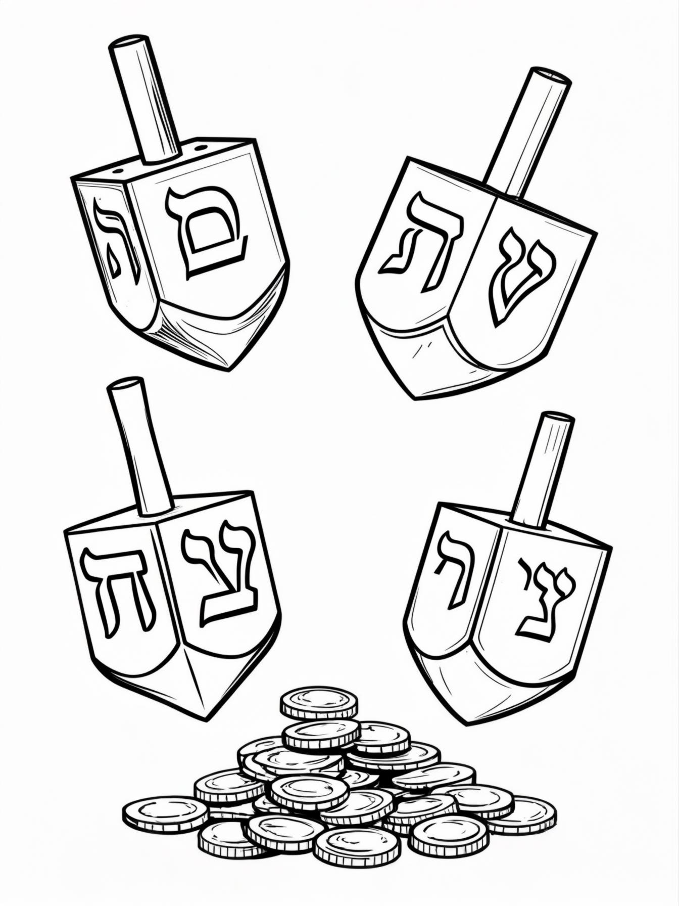 Dreidel Game: Four spinning dreidels, each showing a different Hebrew letter (Nun, Gimmel, Hey, Shin). The dreidels are surrounded by a pile of chocolate gelt (coins).