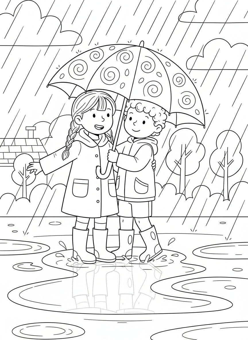 Two children sharing an umbrella in the rain with puddles around them, staying dry together.