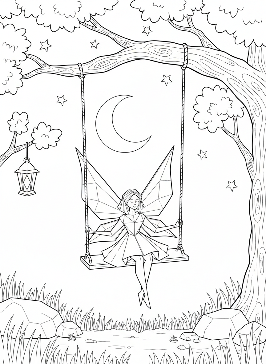 An origami fairy with crescent moon wings sitting on a paper-folded swing hanging from a tree branch at night