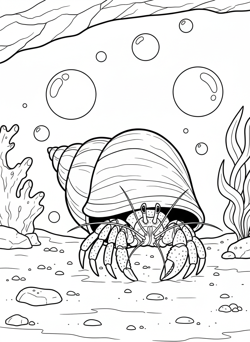 A hermit crab peeking out from its spiral shell, standing on sandy ocean floor with tiny bubbles floating around.