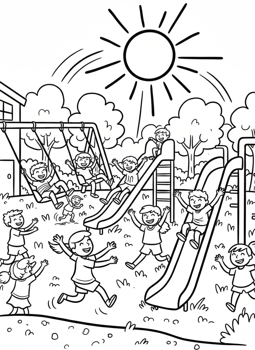 Children playing on swings and slides during final recess, sun shining, carefree and playful mood