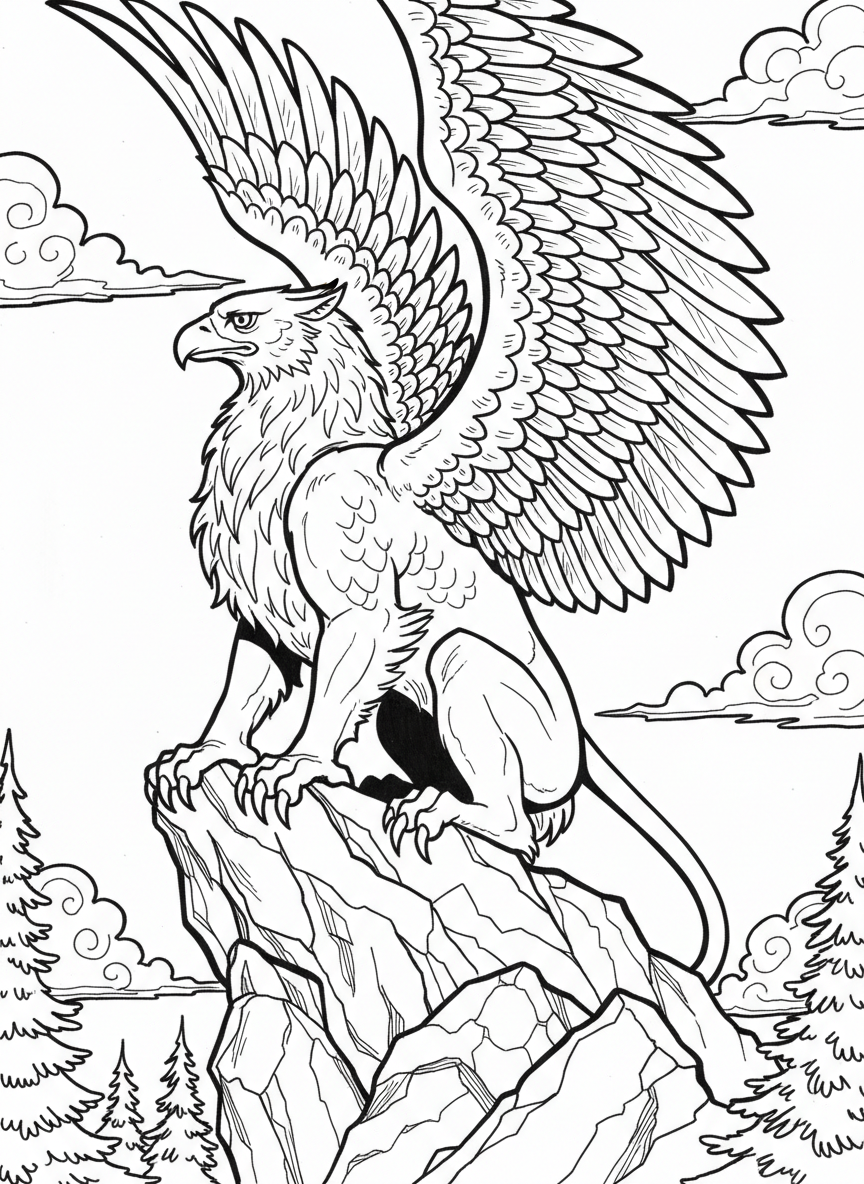 A griffin perched on a mountain cliff, half eagle and half lion, looking noble and proud with detailed feathers and fur.