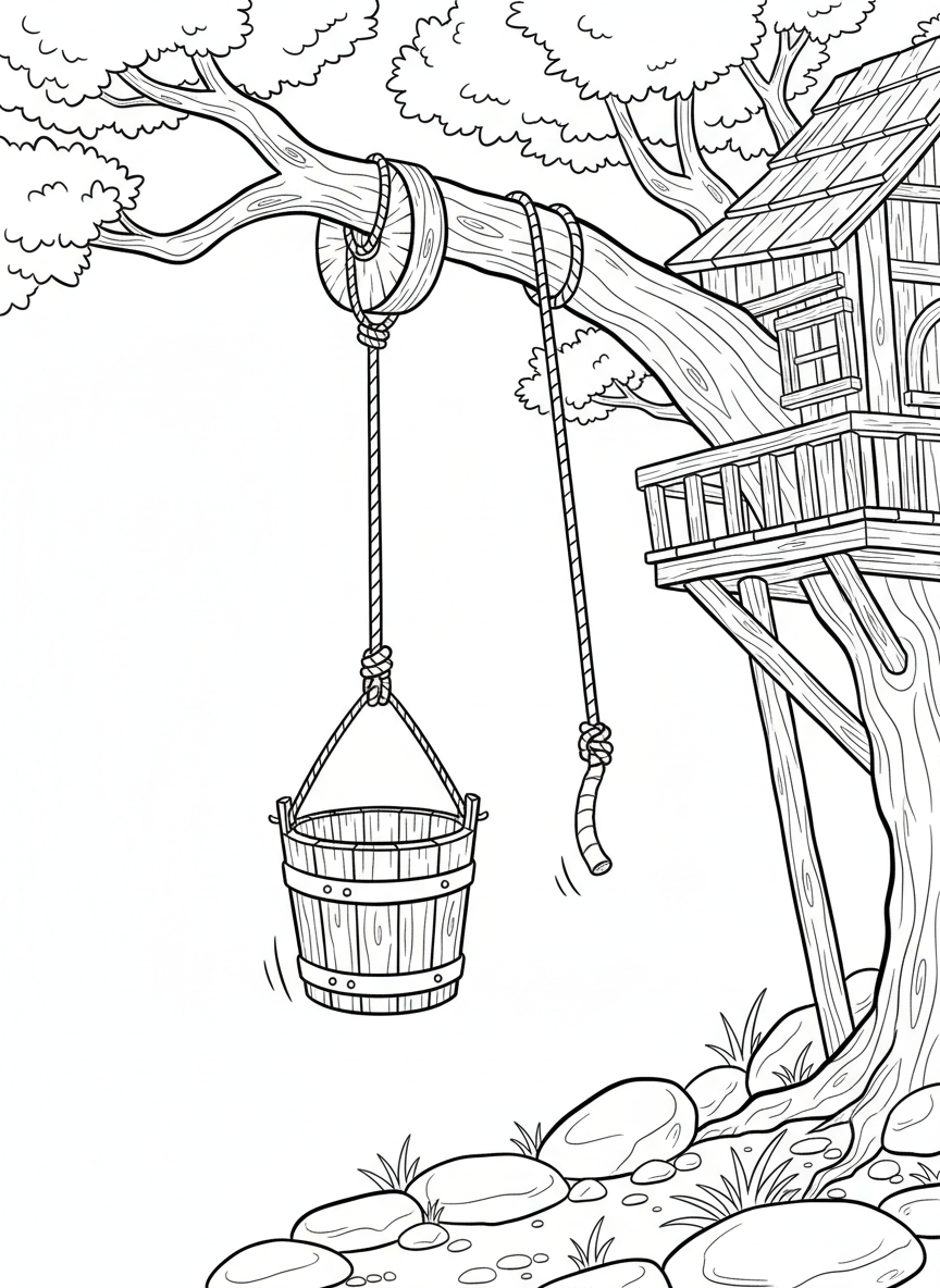 A bucket pulley system attached to a tree branch with a rope and handle, showing the bucket halfway up to the treehouse.