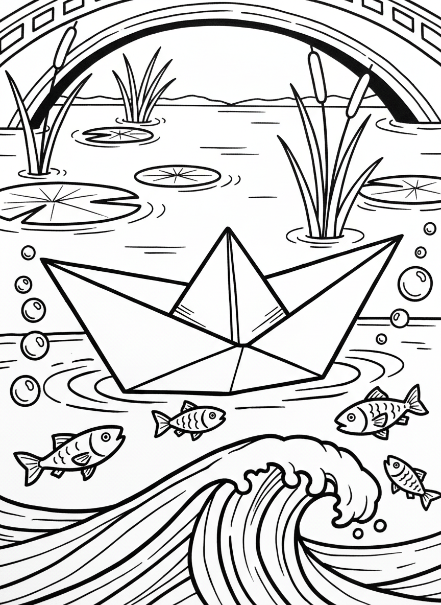 A simple origami paper boat floating on gentle waves, with clean geometric folds visible, surrounded by small fish and bubbles in a calm pond scene.