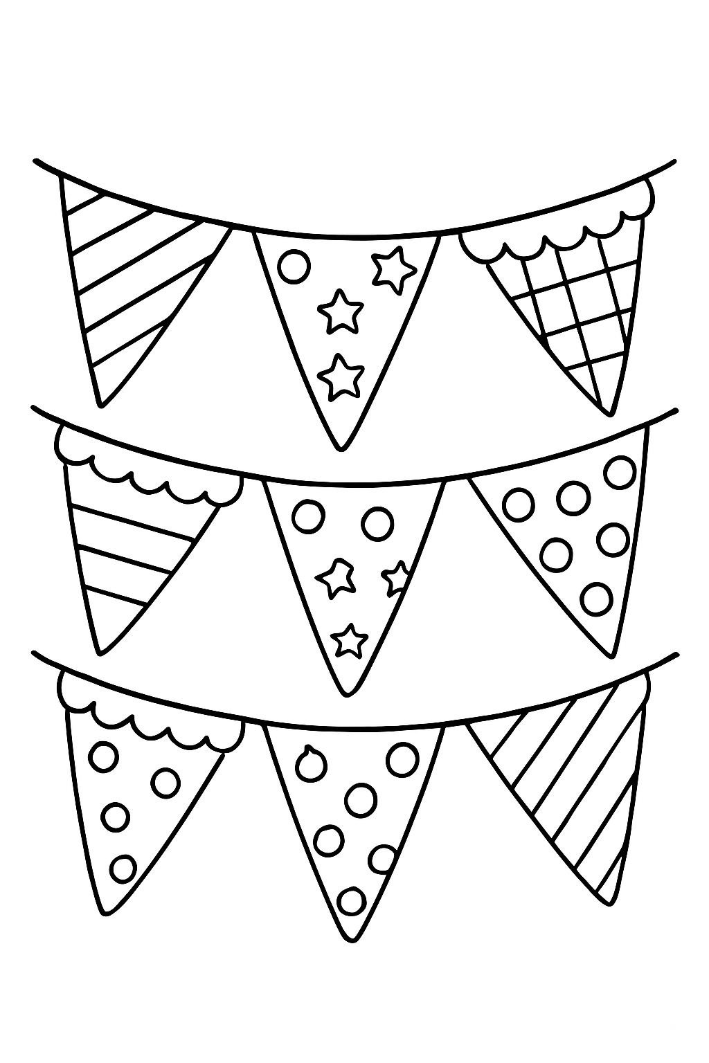 Holiday banner pennants: triangle and scalloped-edge banners with simple patterns (stripes, dots, stars, plaid).