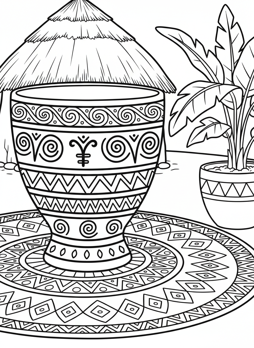 A close-up of a unity cup (Kikombe cha Umoja) decorated with African-inspired geometric patterns and symbols, sitting on a decorative mat.