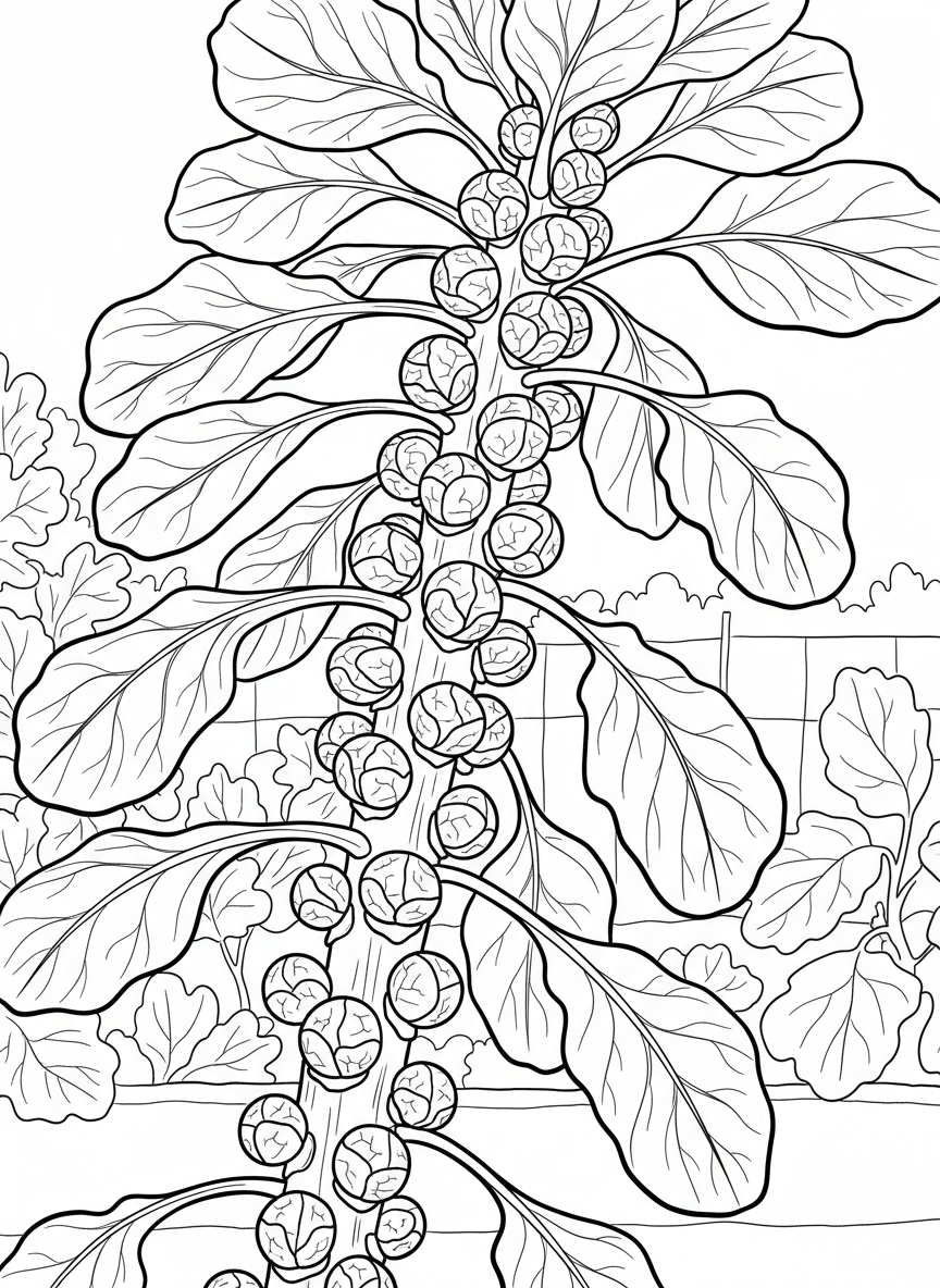 Close-up of Brussels sprouts growing on their tall stalk, showing the unique way they attach, educational and detailed