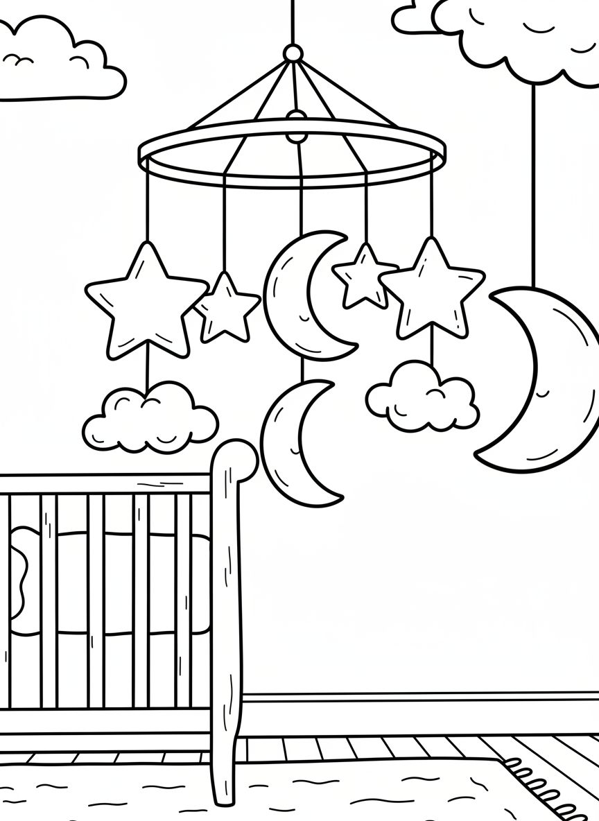 A decorative mobile hanging above a crib with stars, moons, and clouds dangling from strings