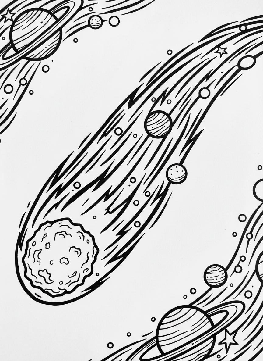 A comet with a long flowing tail streaking past planets and stars, dynamic diagonal composition showing movement through space