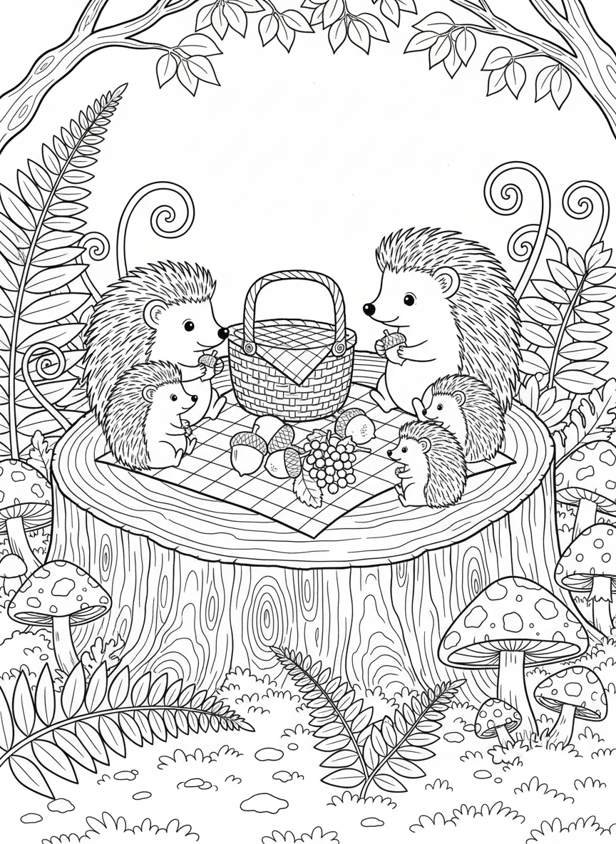 A family of hedgehogs having a picnic on a tree stump with acorns and berries, surrounded by ferns and toadstools