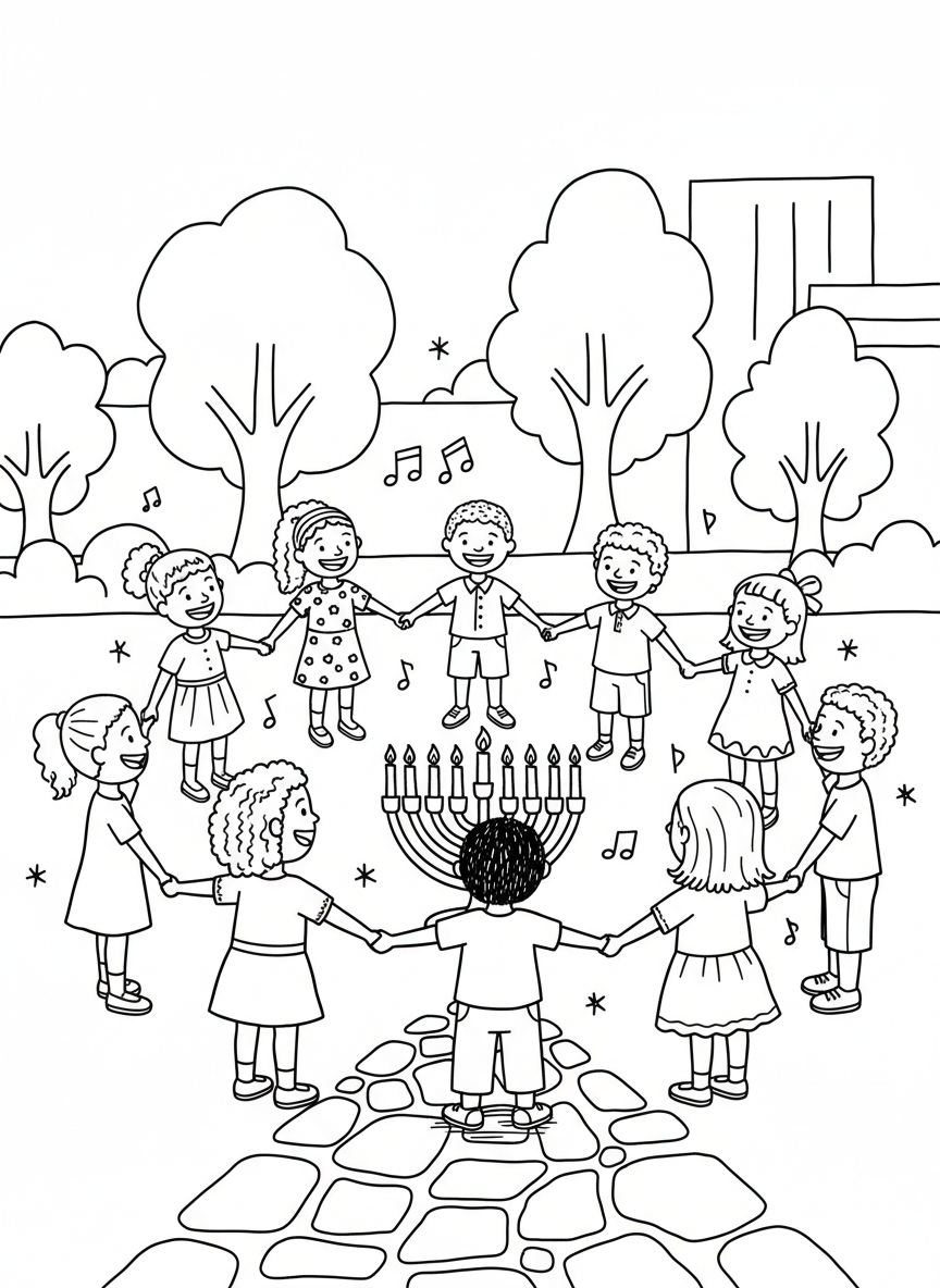 Children holding hands in a circle around a Kinara, smiling and celebrating together, simple figures with clear outlines for easy coloring.