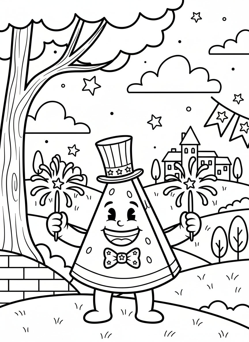 A smiling watermelon slice character holding sparklers with stars and stripes decorations around it.