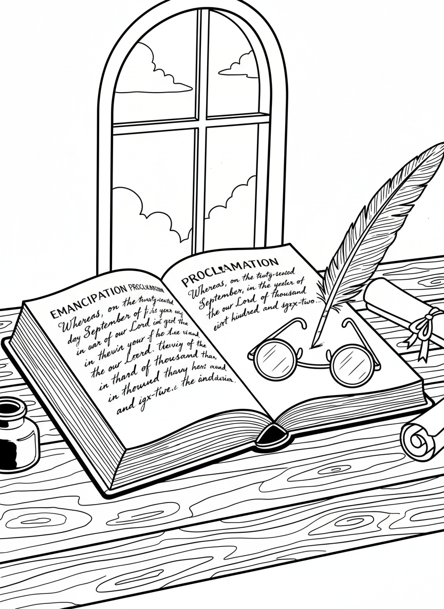 A book opened to show the Emancipation Proclamation text, with reading glasses and a quill pen beside it
