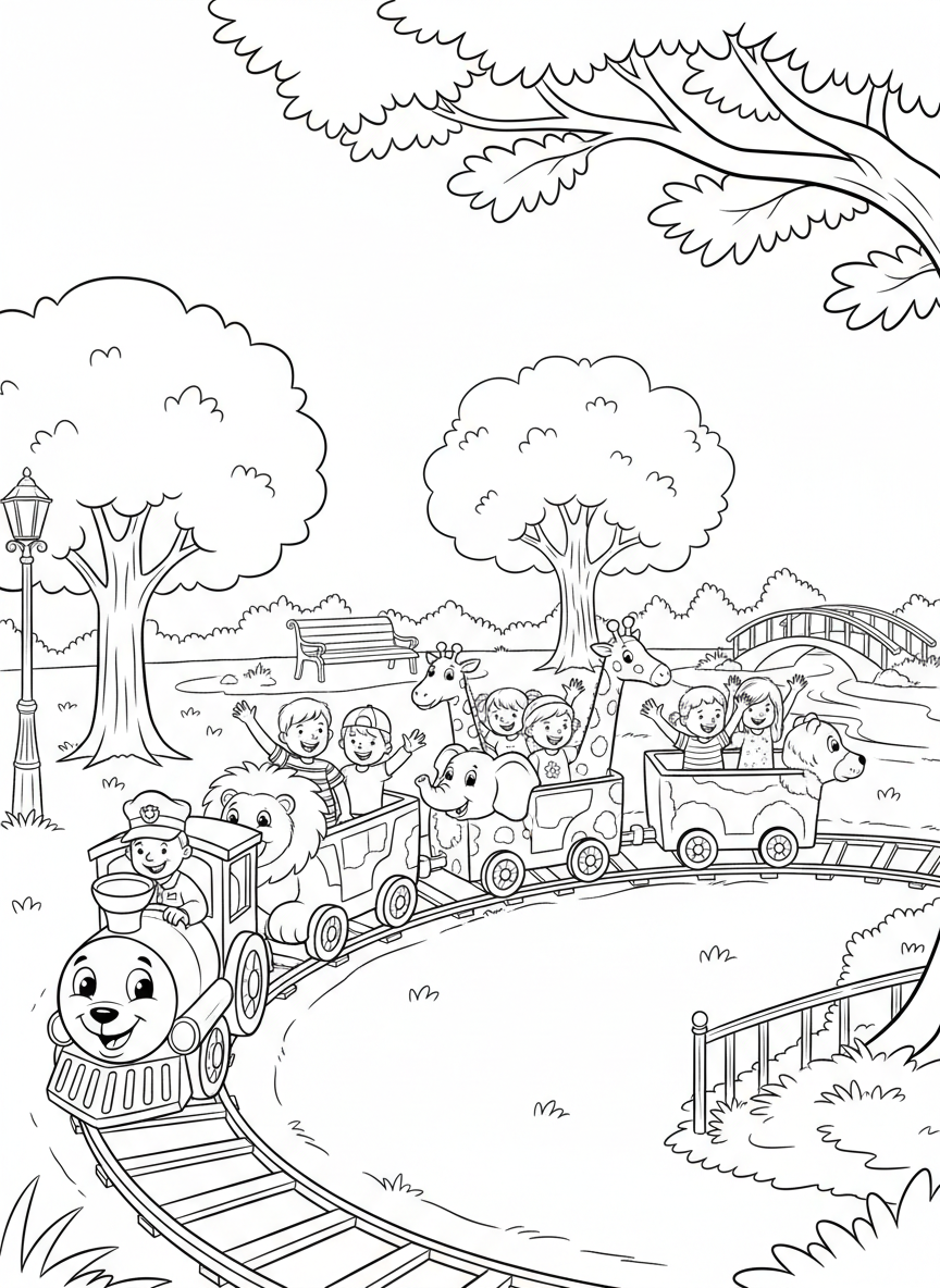 A children's miniature train ride at a park, with small passenger cars shaped like animals and kids waving from their seats.