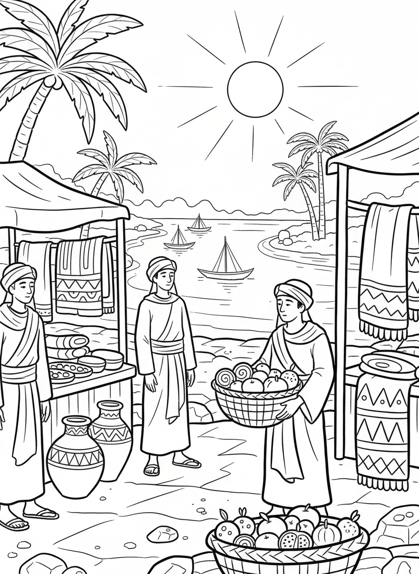 An Egyptian market scene with merchants selling pottery, baskets of fruit, and colorful fabrics under a sunny sky along the Nile River.