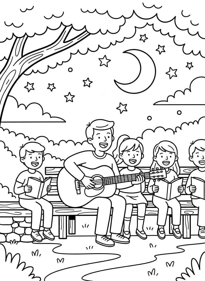 Kids singing songs together around a guitar player, sitting on benches under the stars.