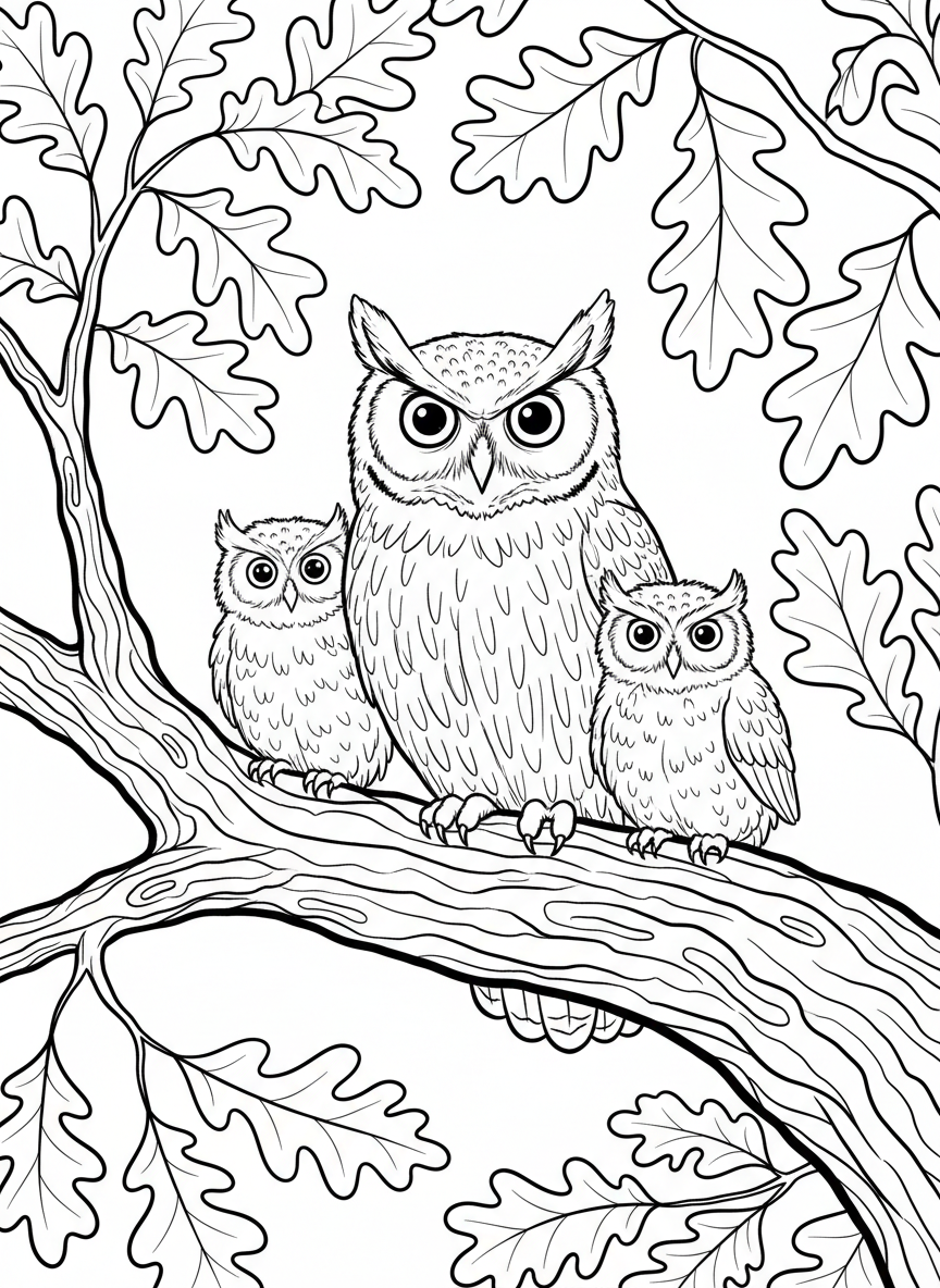 A great horned owl family with two fluffy owlets sitting together on a thick tree branch, surrounded by oak leaves