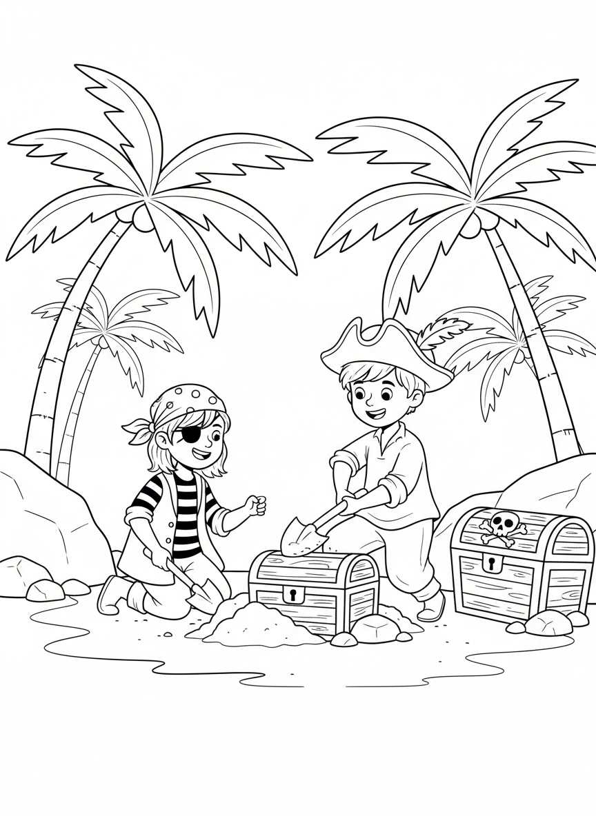 Two children dressed as pirates digging for treasure on a tropical island with palm trees and a treasure chest partially buried in sand