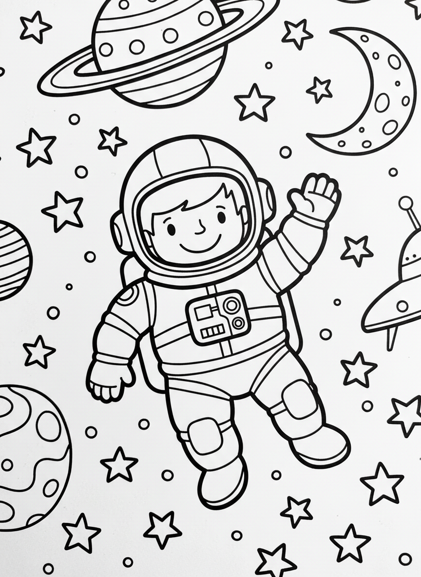 A friendly astronaut floating in space, waving hello with stars and planets in the background, simple line art for young children