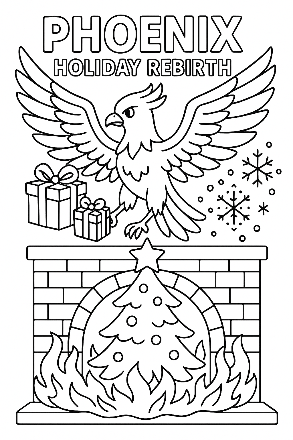 Phoenix rising from fireplace with presents in talons, golden flames, reborn Christmas tree, magical ashes becoming snow, thick outlines, mythical holiday rebirth scene