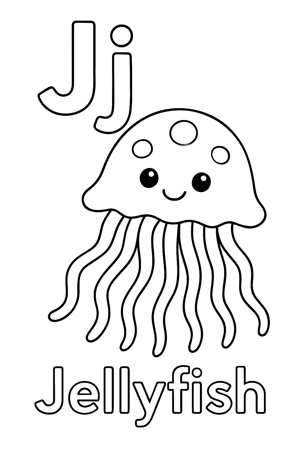 The uppercase letter “J” next to the lowercase letter “j”. With a jellyfish image under the letters. Write out the object “Jellyfish”.