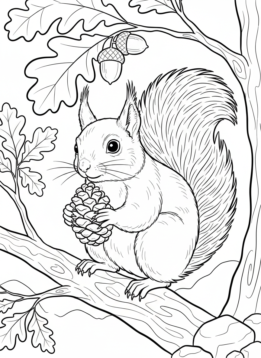 A red squirrel with a bushy tail holding a pinecone, close-up portrait for coloring
