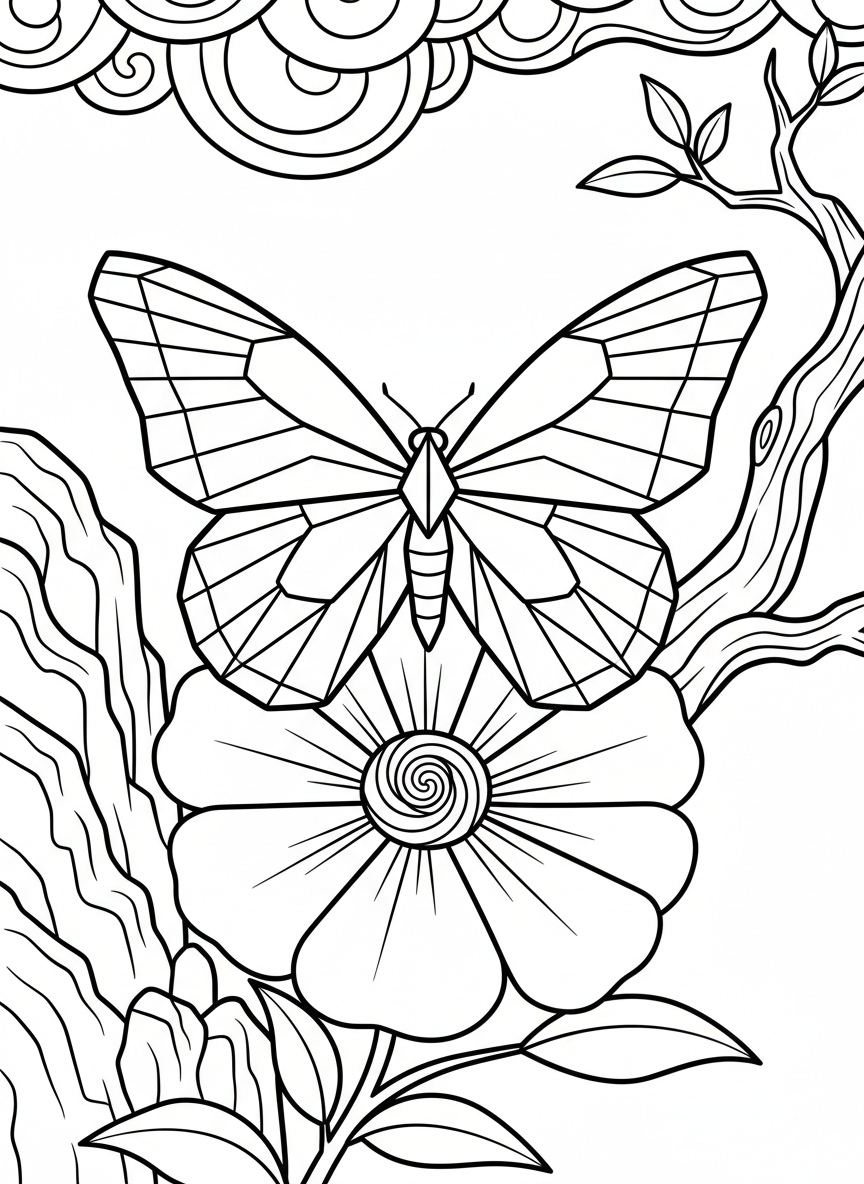 A close-up of an origami butterfly resting on a flower, showing symmetrical geometric wing patterns with detailed fold lines for coloring.