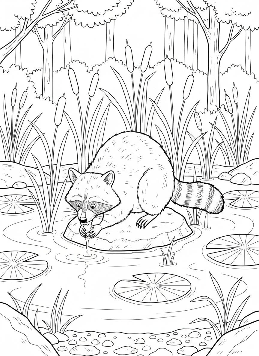 A raccoon washing food in a small forest pond, surrounded by cattails and lily pads.