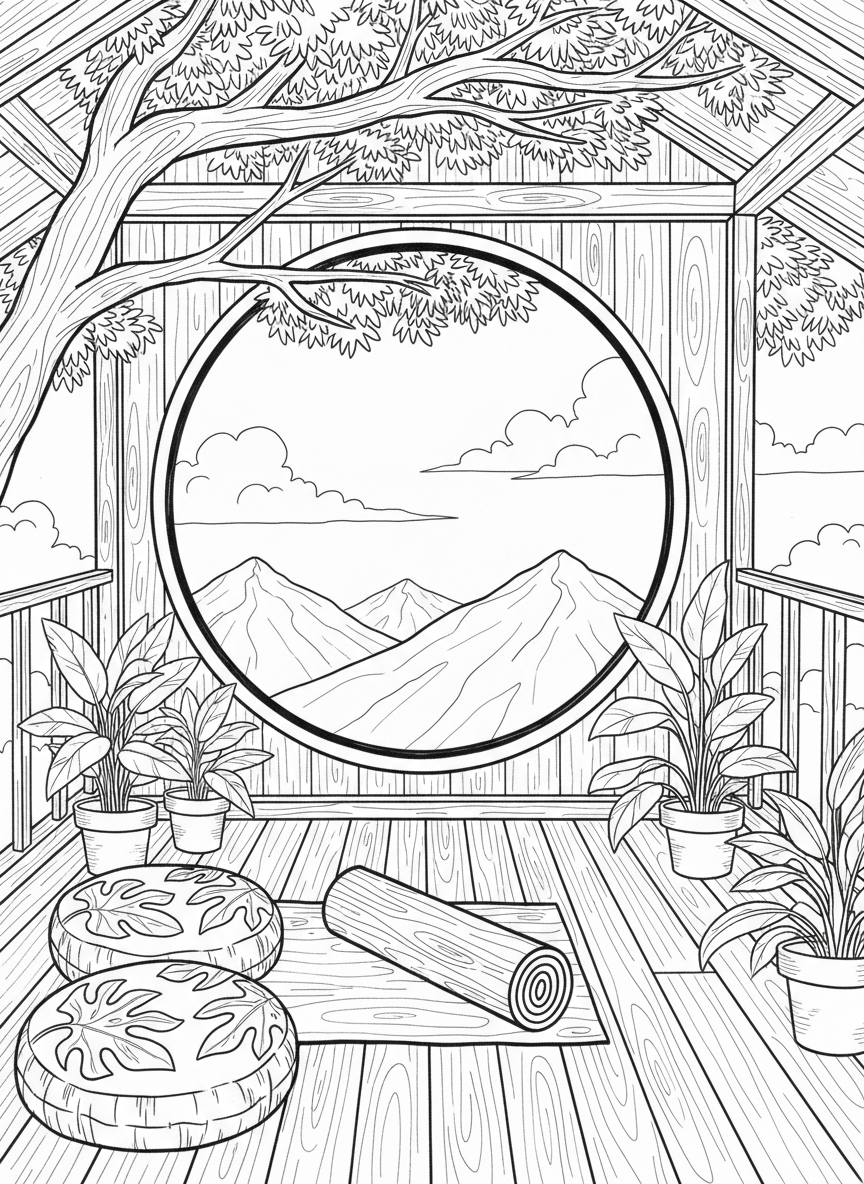 Treehouse yoga and relaxation space with a rolled mat, meditation cushions, plants, and peaceful window view.
