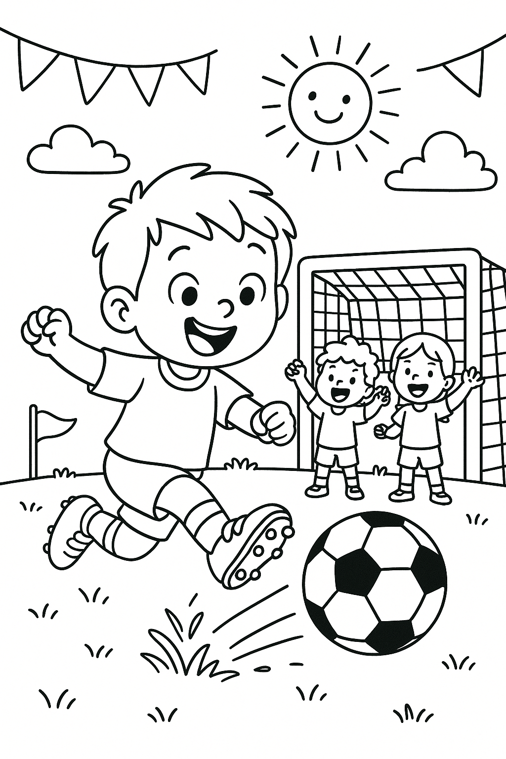 A cheerful child kicking a soccer ball into a goal, wearing a bright jersey and cleats, with teammates cheering nearby, a sunny sky above, colorful flags around the field, grass flying from the kick, and an energetic, playful cartoon style.