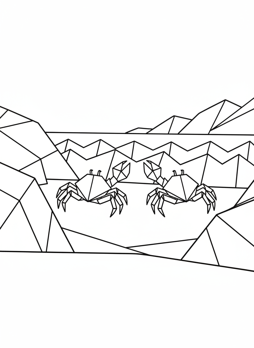 Two origami crabs with folded claws and legs, positioned on a paper-fold beach scene with angular waves