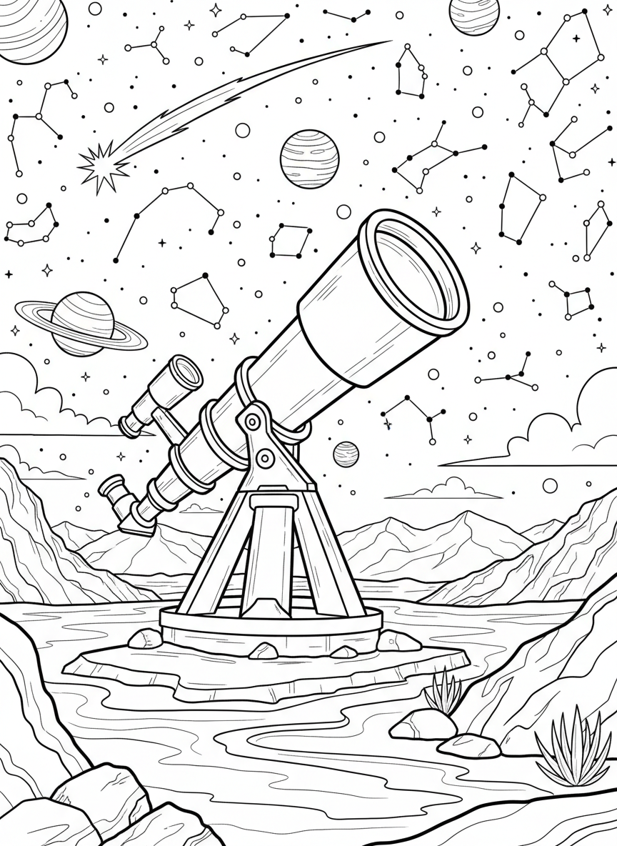 A telescope on Earth pointing up at a night sky filled with constellations, planets, and a shooting star.