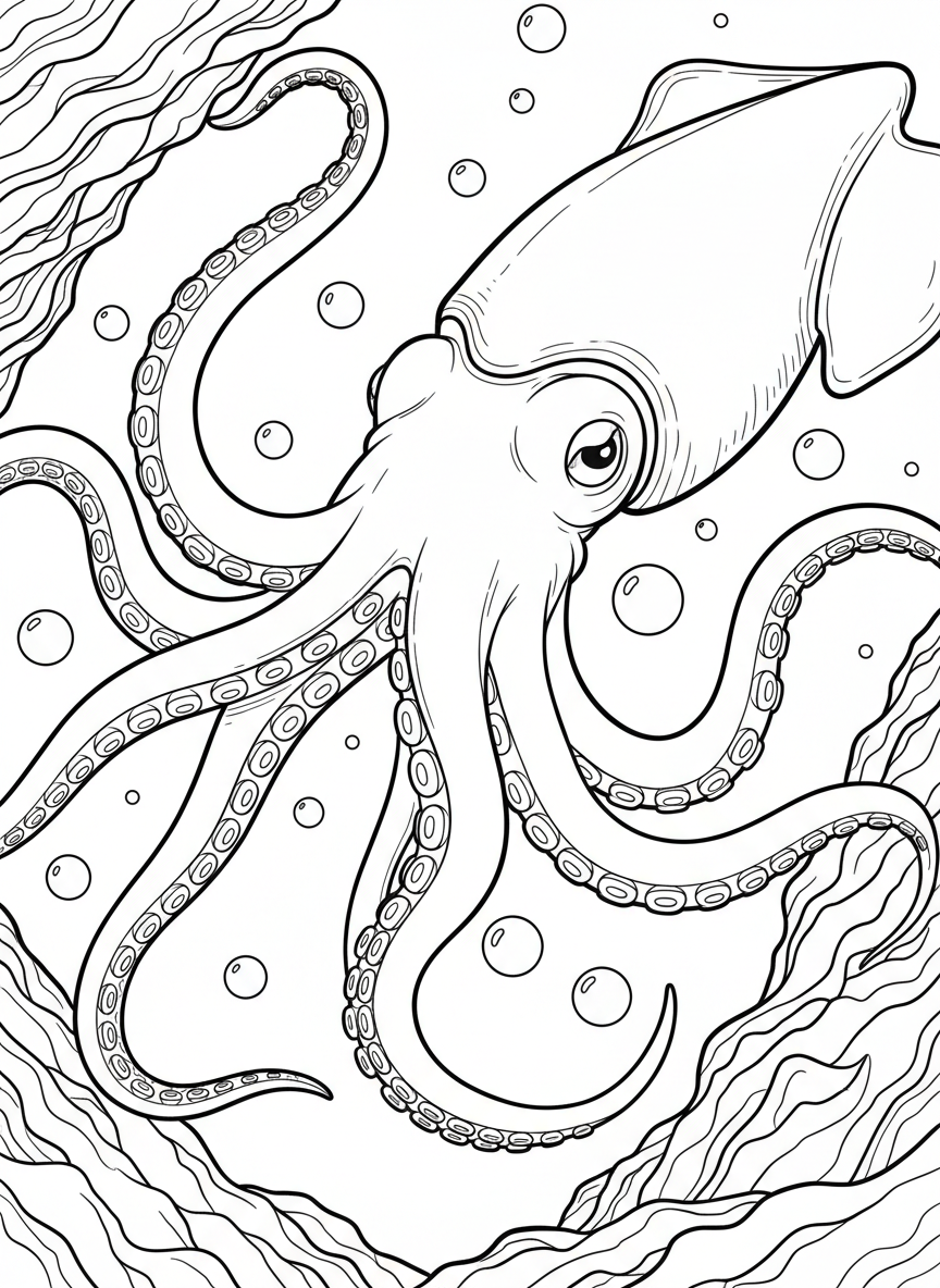 A majestic giant squid with long tentacles reaching outward, large intelligent eyes, and suction cups clearly visible, floating in the deep sea.