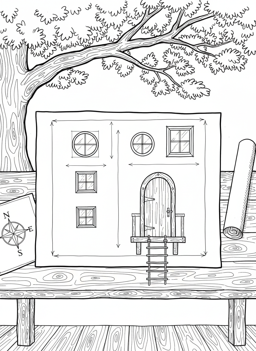 Close-up view of treehouse construction blueprints spread on a table, showing measurements, sketches of windows, doors, and a small porch.