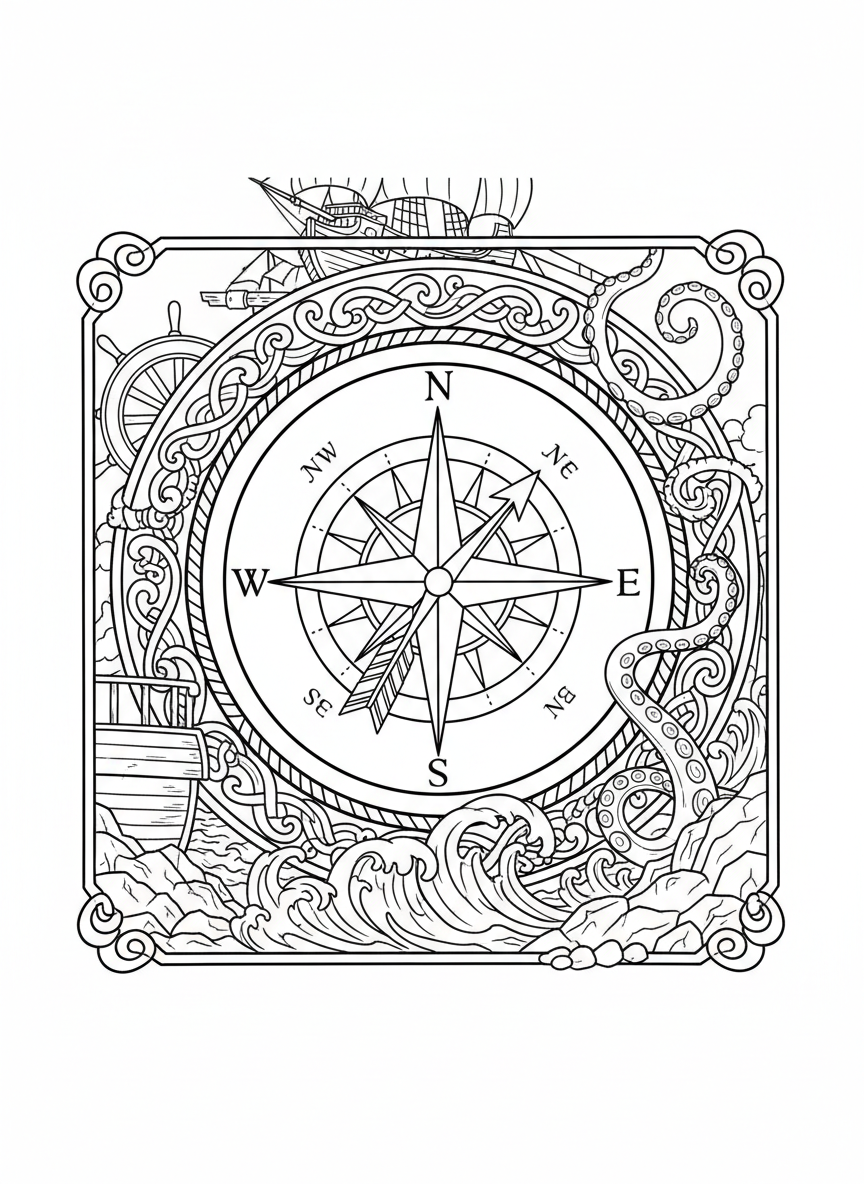 A pirate's compass rose design with decorative borders, showing all cardinal directions and ornate nautical details for detailed coloring