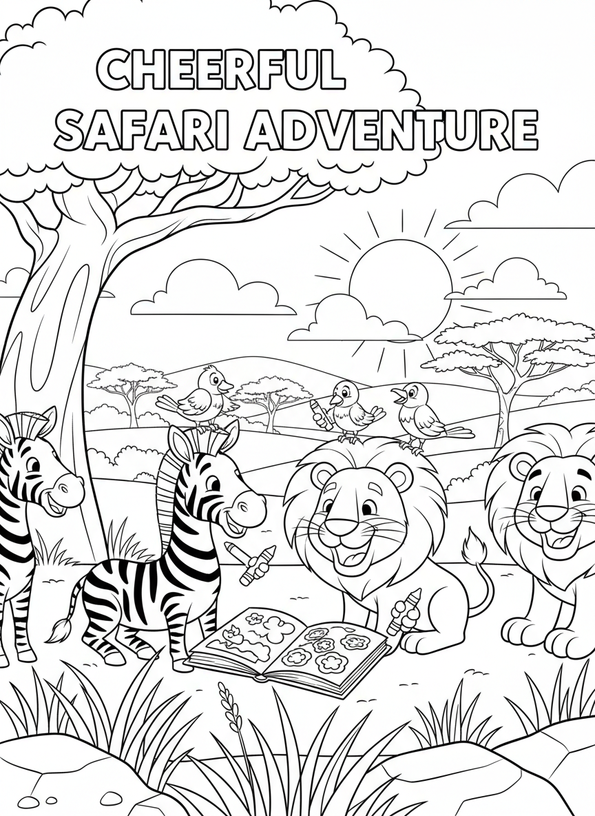 Cheerful animals coloring book cover, full-color whimsical illustration with cartoon zebras, lions, and birds in a savanna scene. Title-safe area at top.