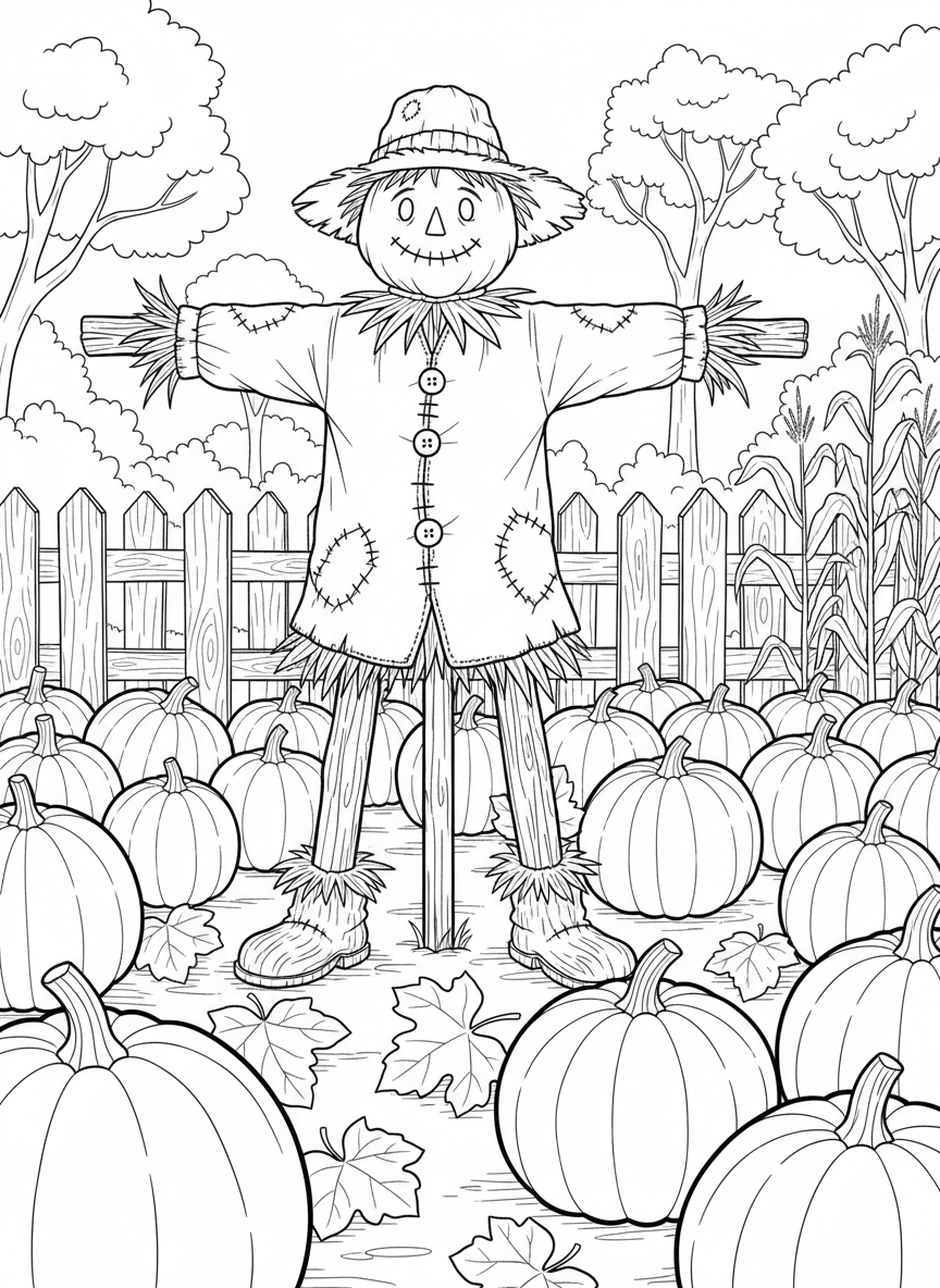 A scarecrow with a straw hat standing in a pumpkin patch, surrounded by large pumpkins and autumn leaves.