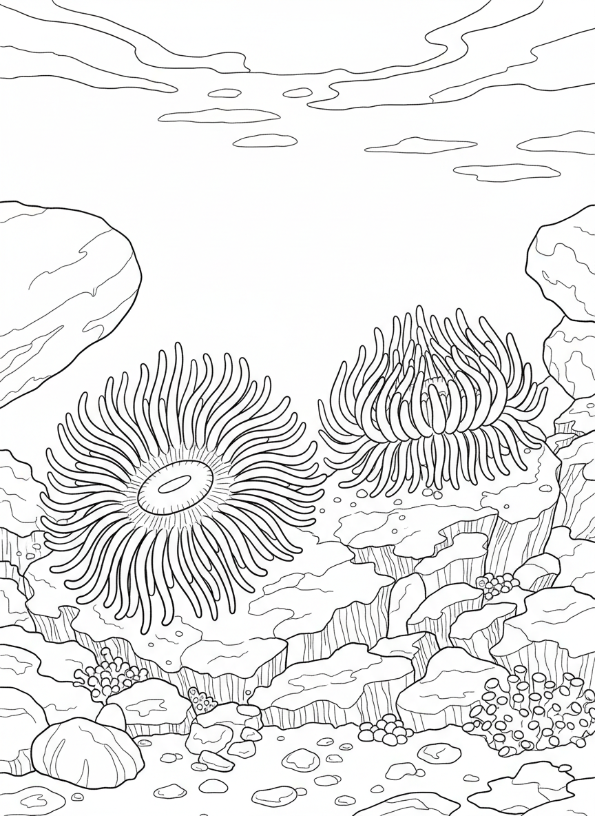 Two sea anemones side by side, one fully open and one partially closed, showing different states on a rocky surface