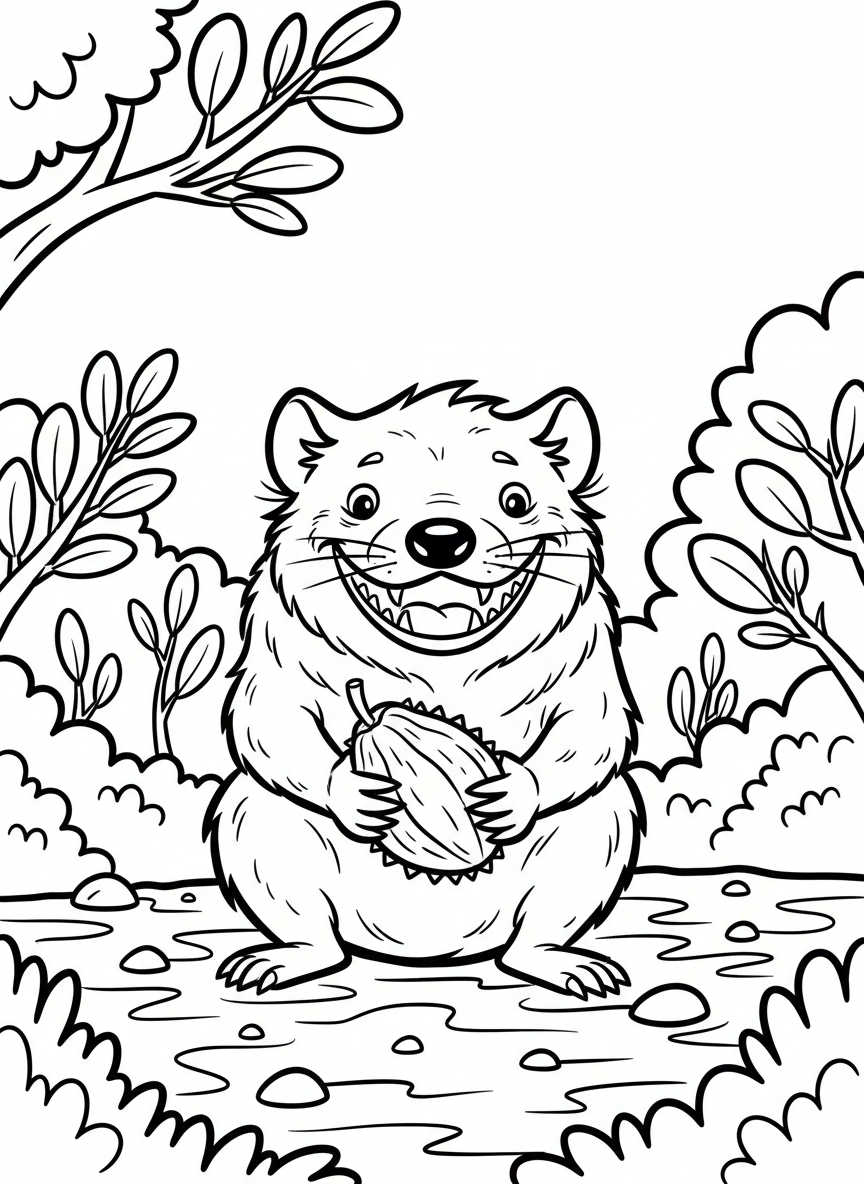 A Tasmanian devil with a cheerful expression eating fruit, sitting on the ground with bushes around it.