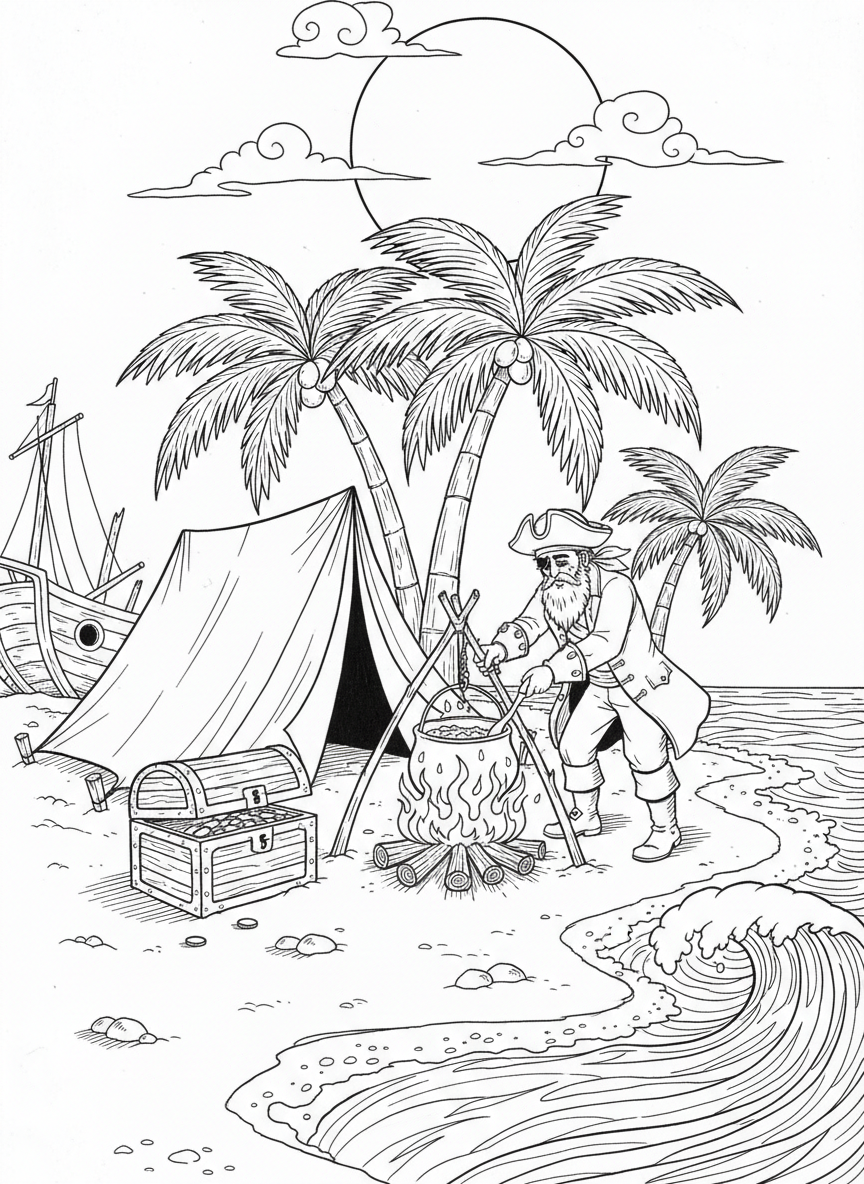 A pirate cooking over a campfire on the beach at night, with a tent, treasure chest, and moon in the background