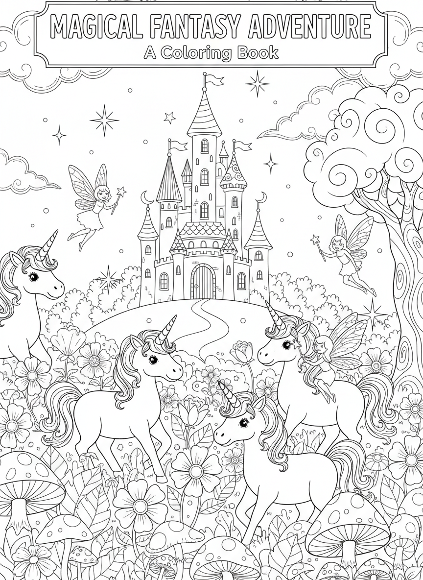 Magical fantasy coloring book cover, full-color illustration with friendly unicorns, fairies, and a sparkly castle on a hill. Pastel palette, title-safe area at top.