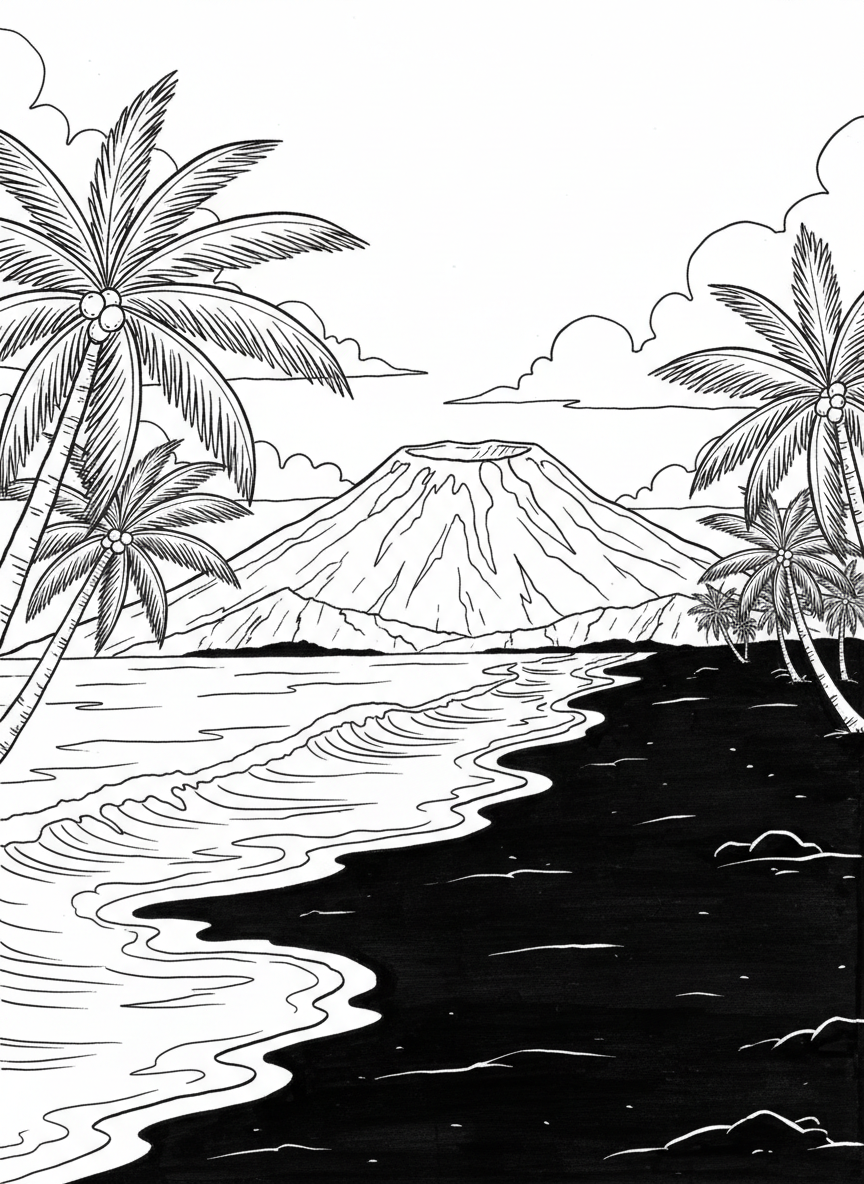 A volcanic beach scene with black sand, gentle waves, palm trees, and a dormant volcano visible in the distance under a sunny sky.